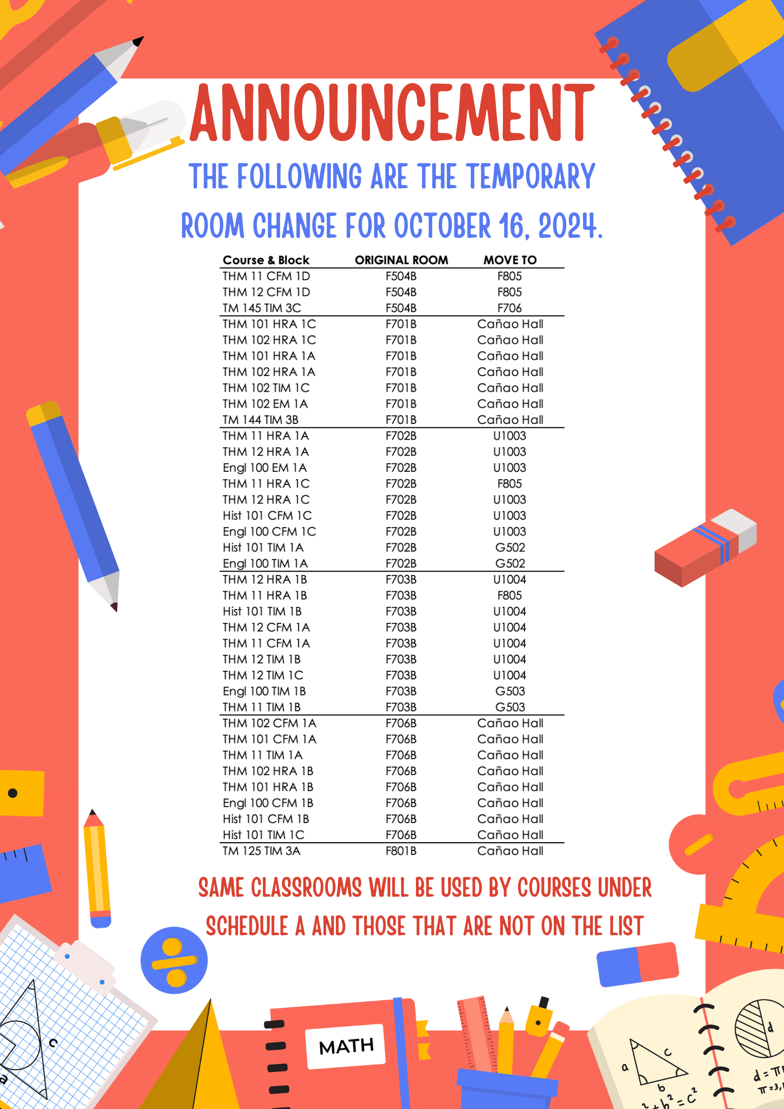 Classroom change for 16Oct24