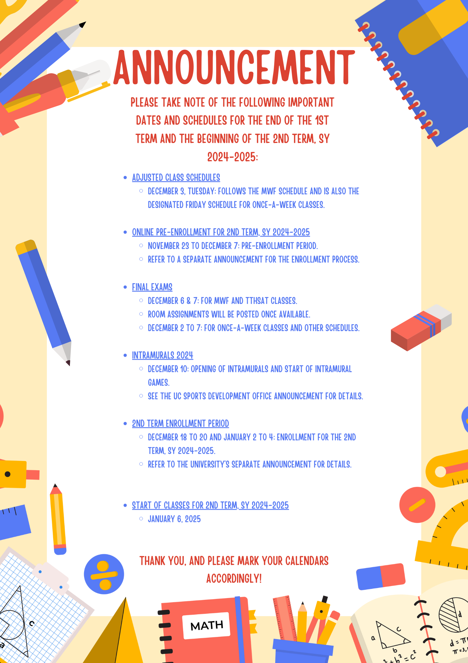 Important Dates and Schedules for the End of 1st Term and Start of 2nd Term, SY 2024-2025